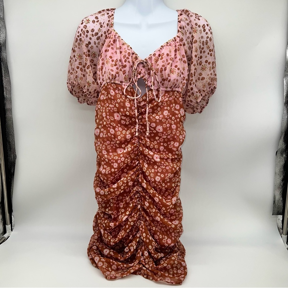 Free People Pink and Rust Brown Floral Ruched Mini Dress with Boho Feels-Size S